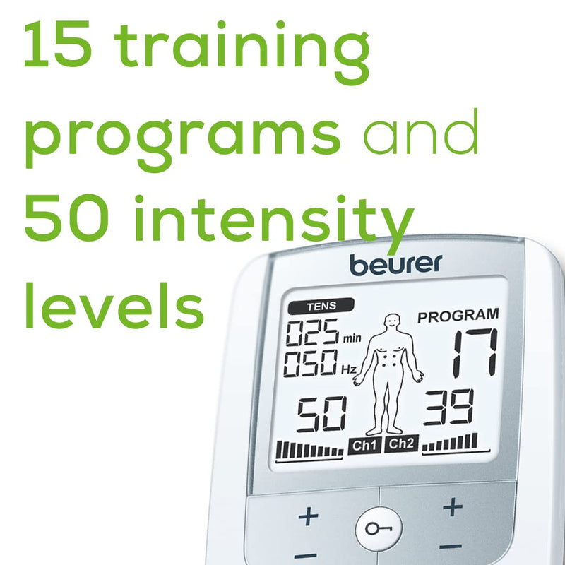 [Australia - AusPower] - Beurer TENS Unit Muscle Stimulator for Pain Relief - TENS Machine with Adjustable Intensity Levels - Electronic Muscle Stimulator with TENS Unit Pads, EM44 