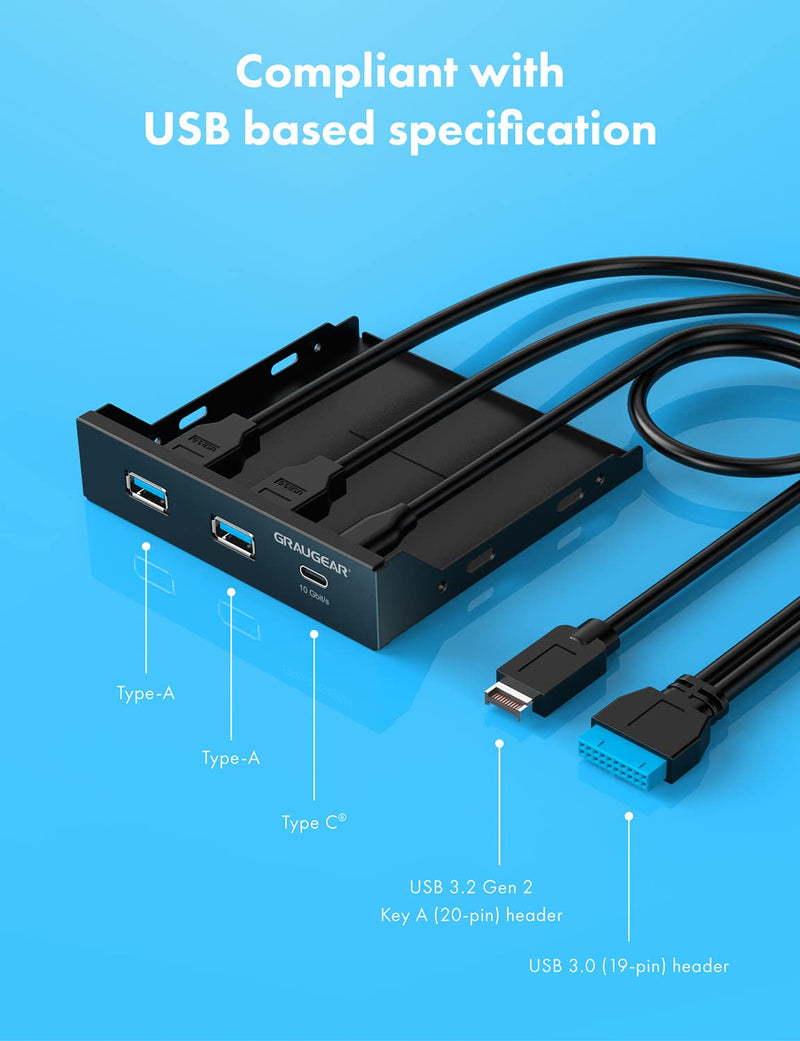 [Australia - AusPower] - GRAUGEAR 3.5 Inch Front Panel Hub, Internal Multi USB Slots of USB 3.2 Gen 2 USB-C and 2 USB 3.0 Ports, 20-Pin USB 3.2 Key-A Header Required, Fits 3.5" PC Computer Case Front Bay [G-MP01] 