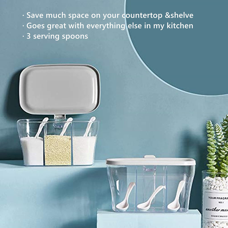 [Australia - AusPower] - POWLAB Clear Seasoning Storage Box Acrylic Container Condiment Jars Kitchen Spice Pots with Cover and Spoons for Salt Sugar Cruet Spice Seasoning Box -3 Compartment (Grey) Gray 