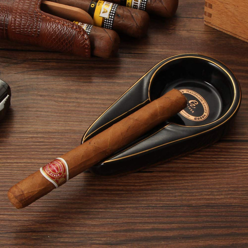 [Australia - AusPower] - Galiner Cigar Ashtray, Travel Ashtray, Outdoor Ceramic Ash Tray (Black With Golden line) Black 