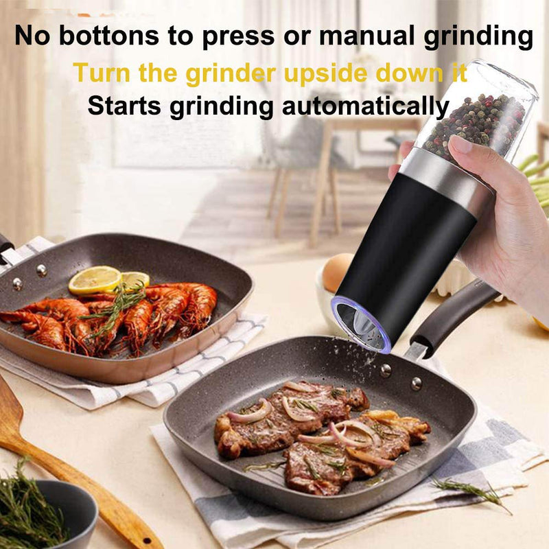 [Australia - AusPower] - YAYAYOUNG Gravity Electric Grinder set of 2,Automatic Pepper and Salt Mill Grinder with Blue LED LIGHT,Electric Pepper Mill with Adjustable Coarseness,Refillable,salt and pepper shaker,pepper grinder Black 
