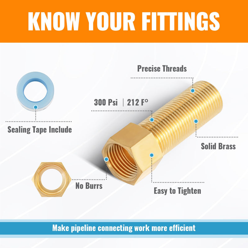 [Australia - AusPower] - SUNGATOR Brass Pipe Fitting Set, 1/2 Inch Male Ã— 1/2 Inch Female Pipe Hex Nipple Extension Fitting Adapter, 1/2'' Brass Pipe Extension Fitting Connector with Sealing Tape, 30/40/50/70/100MM (5 Pcs) 