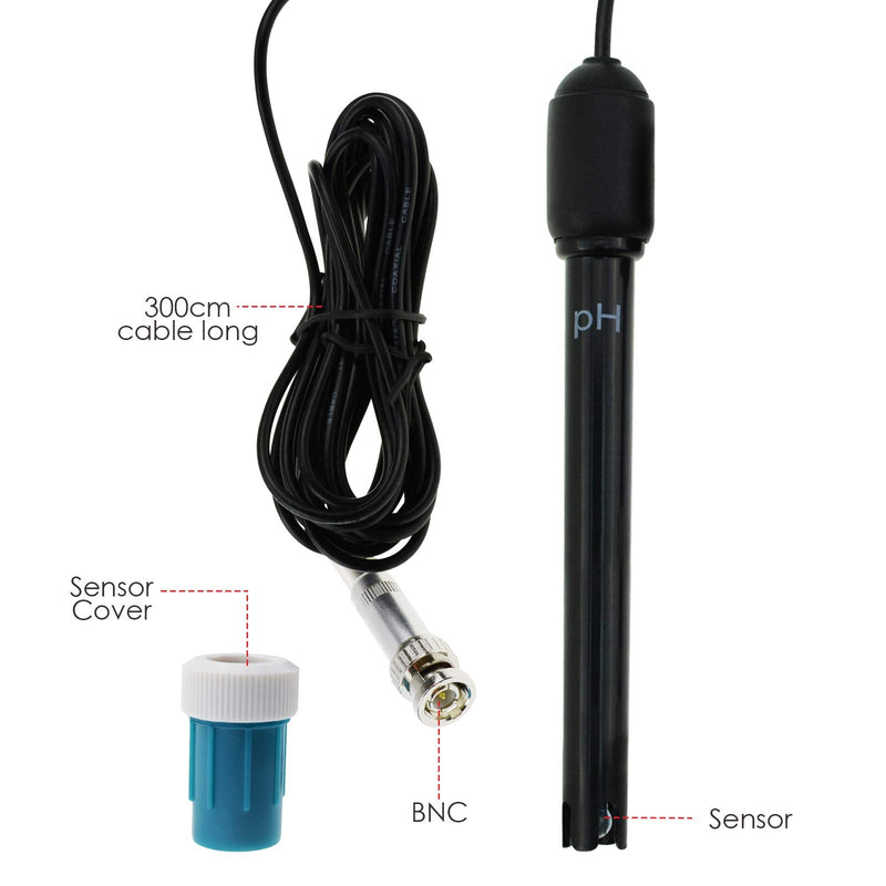 [Australia - AusPower] - Long Body pH Electrode with BNC Socket Probe 300cm Cable 0-14pH for pH Meter, pH Controller pH Device Economical Sensor 