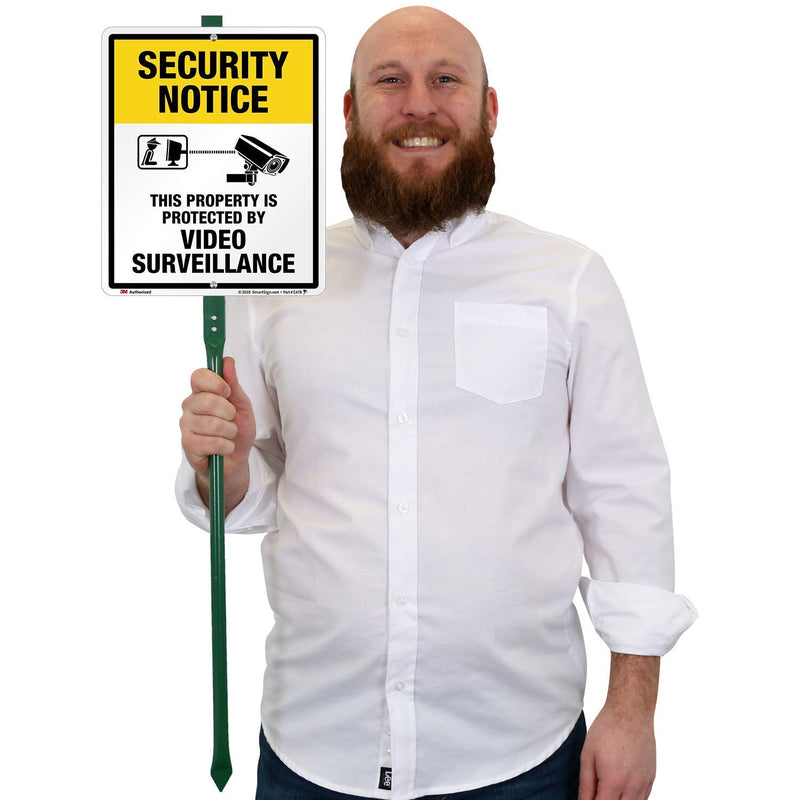 [Australia - AusPower] - SmartSign 12 x 10 inch “Security Notice - Property Is Protected By Video Surveillance” Yard Sign with 3 foot Stake, 40 mil Aluminum 3M Laminated Engineer Grade Reflective, Yellow, Black and White Aluminum Sign with 3' Stake 
