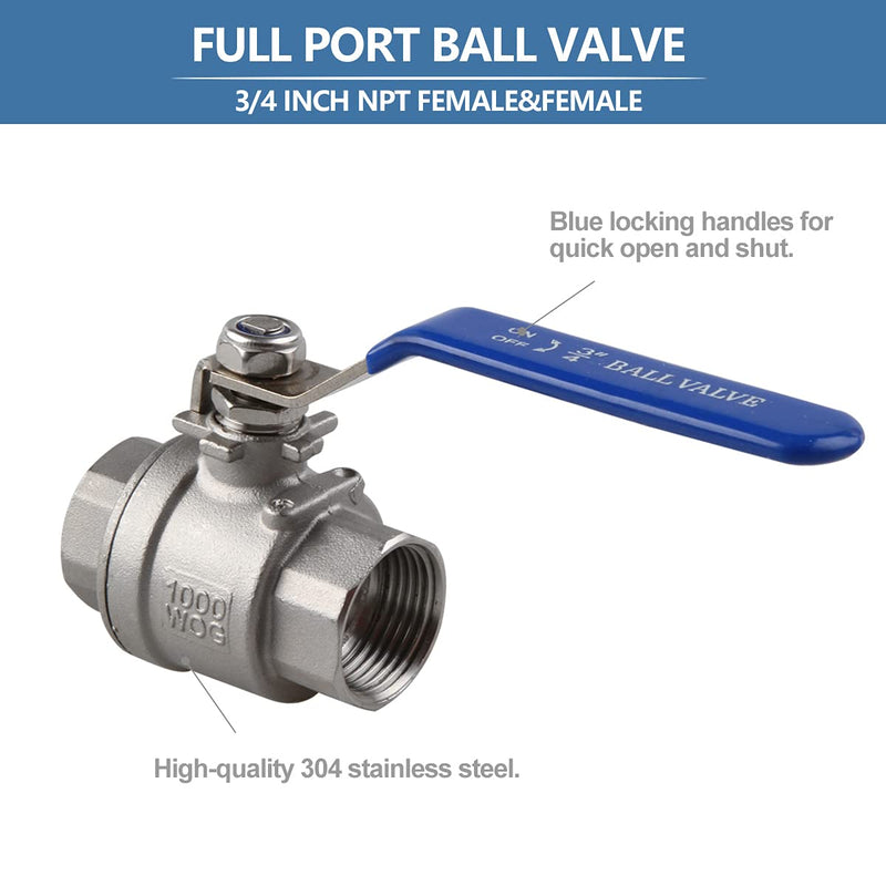 [Australia - AusPower] - YanTone 3/4 Inch Full Port Ball Valve, 304 Stainless Steel Shut Off Valve for Water Oil and Gas, 1000 PSI (WOG) - 3/4" NPT, 1 Piece 