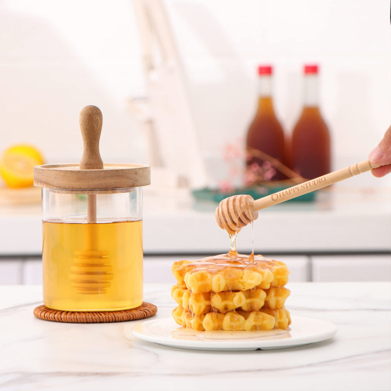 [Australia - AusPower] - HAPPi STUDIO Airtight Honey Pot - 13 Oz Honey Jar - Honey Jar and Dipper Set - Honey Jars with Dipper - Honey Dipper Stick and Jar Set - Honey Dispenser - Honey Containers - Glass Honey Holder 