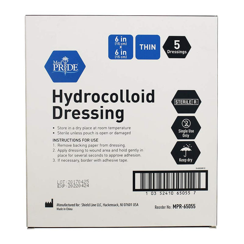 [Australia - AusPower] - Med PRIDE Hydrocolloid Wound Dressing Pads| 5-Pack, 6inch by 6inch Sterile Adhesive Patches| Individually Packed, Highly Absorbent, Water-Resistant & Comfortable| Stays On for Multiple Days 6'' x 6'' Thin 