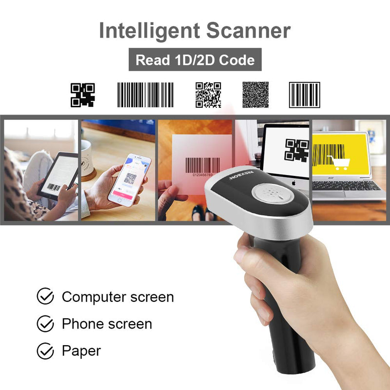 [Australia - AusPower] - Barcode Scanner with Stand, REEXBON Wireless and Wired Handheld Barcode Reader QR 1D 2D Code Scanner with USB Charging Cable 