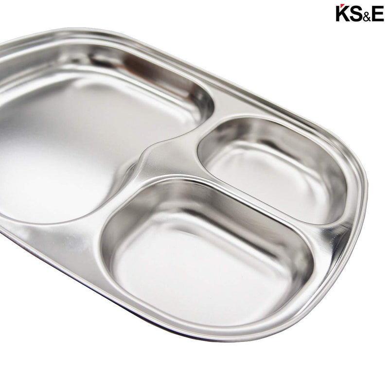[Australia - AusPower] - Korean Stainless Steel Divided Plates by KS&E, Kids Toddlers Babies Tray, BPA Free, Diet Food Control, Camping Dishes, Compact Serving Platter, Dinner Snack, 3 Compartment Plate Silver, Set of 2 3 Compartments 
