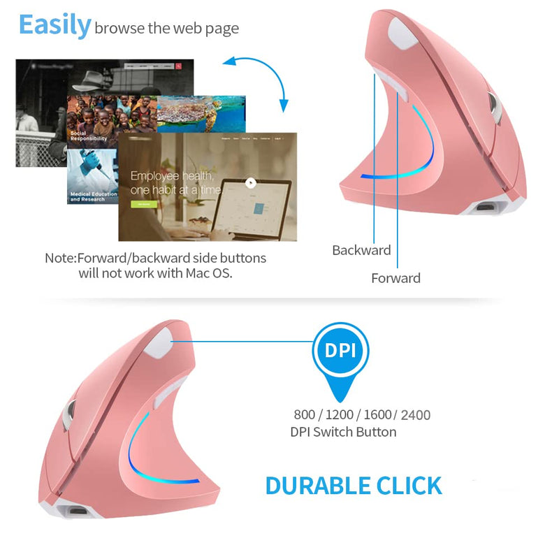 [Australia - AusPower] - Vertical Mouse, Right Handed 2.4GHz Wireless Ergonomic Rechargeable Vertical Mouse with 4 Adjustable DPI 800/1200/1600/2400, 6 Buttons,Compatible with PC, Desktop,Mac (Pink)… Pink 