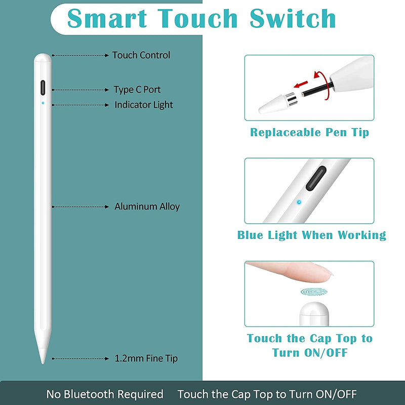 [Australia - AusPower] - Granarbol Stylus Pen for iPad Pencil,Rechargeable Active Stylus Pen Fine Point Digital Stylist Pencil Compatible with iPad iPhone,Capacitive Touch Screens Cellphone Tablets with 6 Replacement Tips 