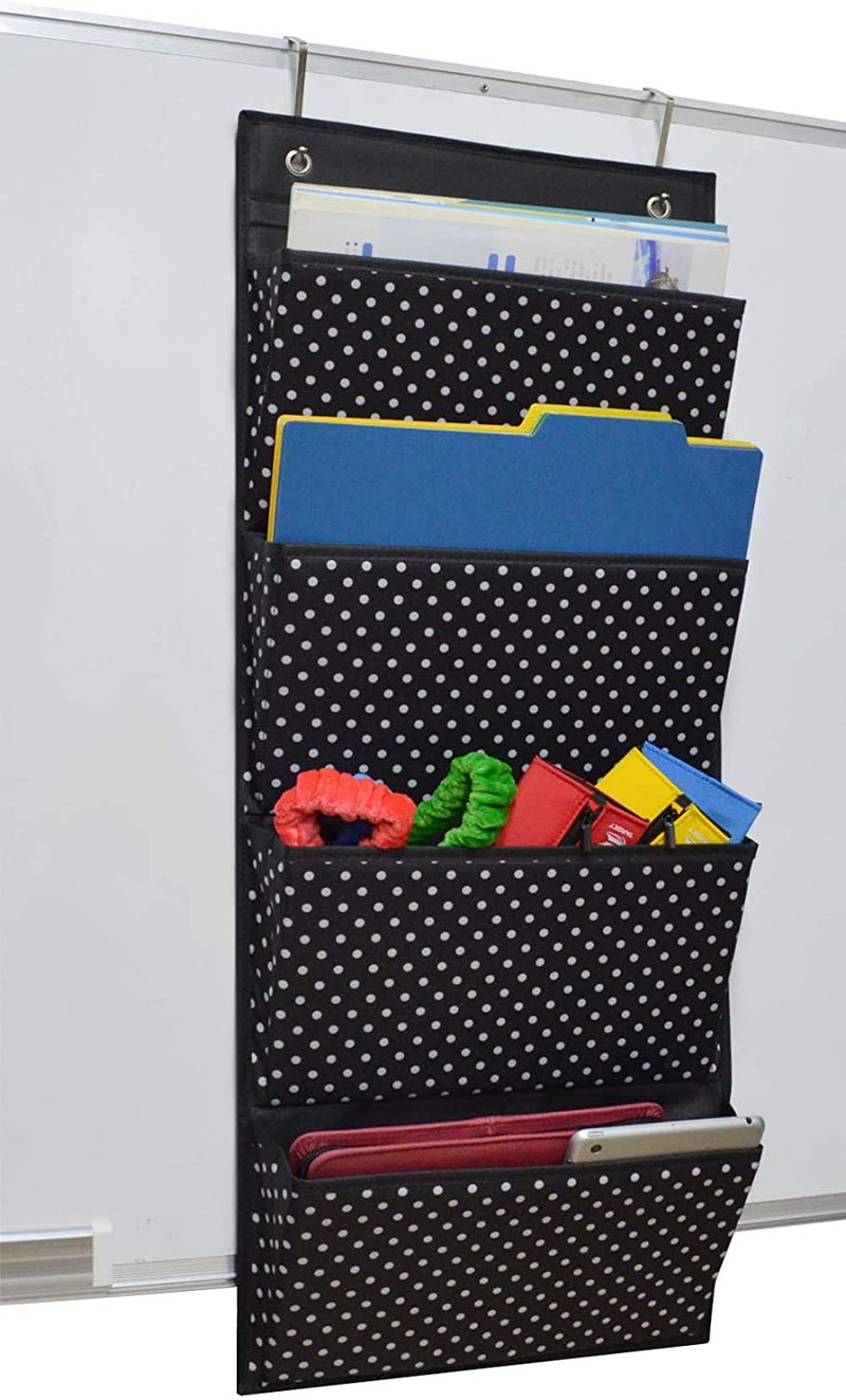 [Australia - AusPower] - VNOM Fabric Over Door Document Organizer Hanging Wall File Organizer Wall Mounted Folder Storage Holder for Office Classroom Home,4 Large Cascading Pockets,2 Over Door Hooks Included,Black Polka Dot 