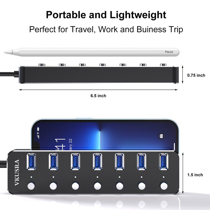 [Australia - AusPower] - USB Hub,VKUSRA 7 Port USB Hub 3.0 with 4ft USB Extension Cable Multiple Port,Individual USB On/Off Switch and LED Indicator,USB Splitter for Laptop,Mac,Xbox,Printer, Flash Drive USB HUB 7 PORTS 