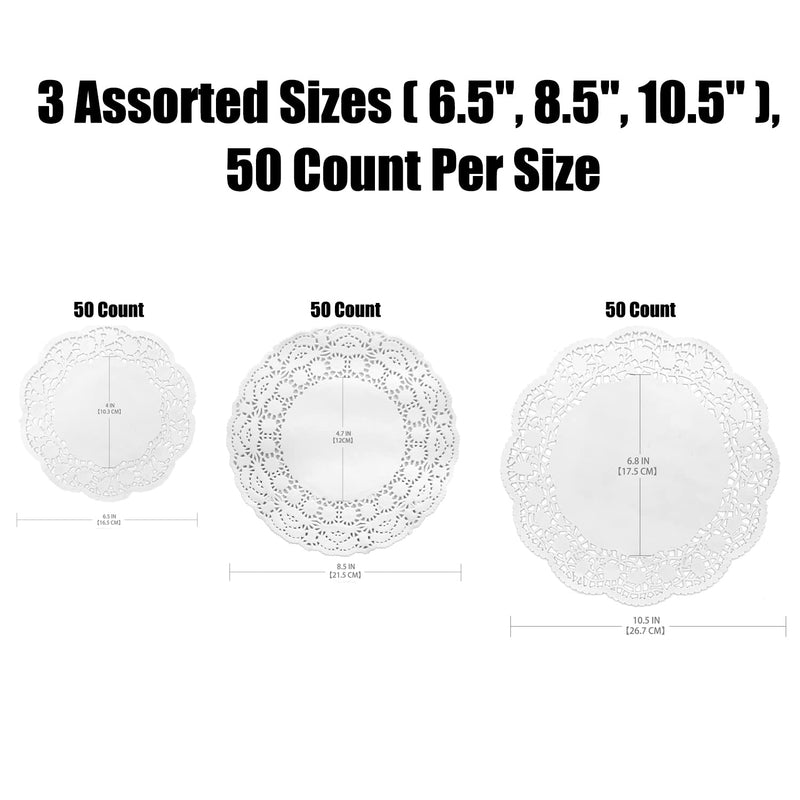 [Australia - AusPower] - 5MLGgoods White Paper Doilies 3 assorted sizes, 150 Pack 3 Sizes Lace Round, (6.5", 8.5", 10.5", 50 Pack Per Size) 6.5", 8.5", 10.5" 