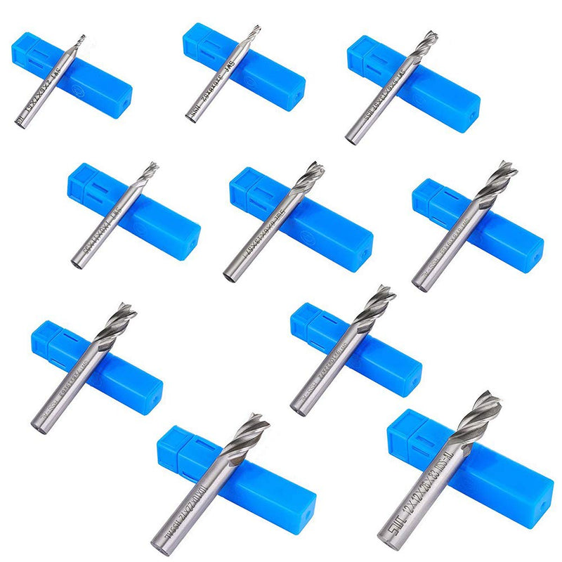 [Australia - AusPower] - 10 pcs 4-Flute End Mill Bits, AFUNTA 0.08" - 0.47" HSS CNC Straight Shank Drill Bits Cutter Tool Set for Wood Aluminum Steel Titanium 