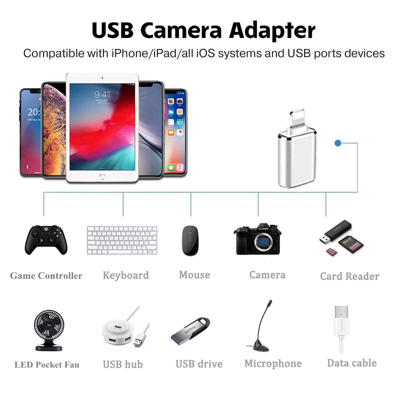[Australia - AusPower] - Portable Lightning to USB3.0 Adapter, USB OTG Data Sync Converter Compatible with iPhone 11/12/8/6/7/x/ipad iOS 9.2-14，Camera，Card Reader，Keyboard,USB Flash Drive etc 