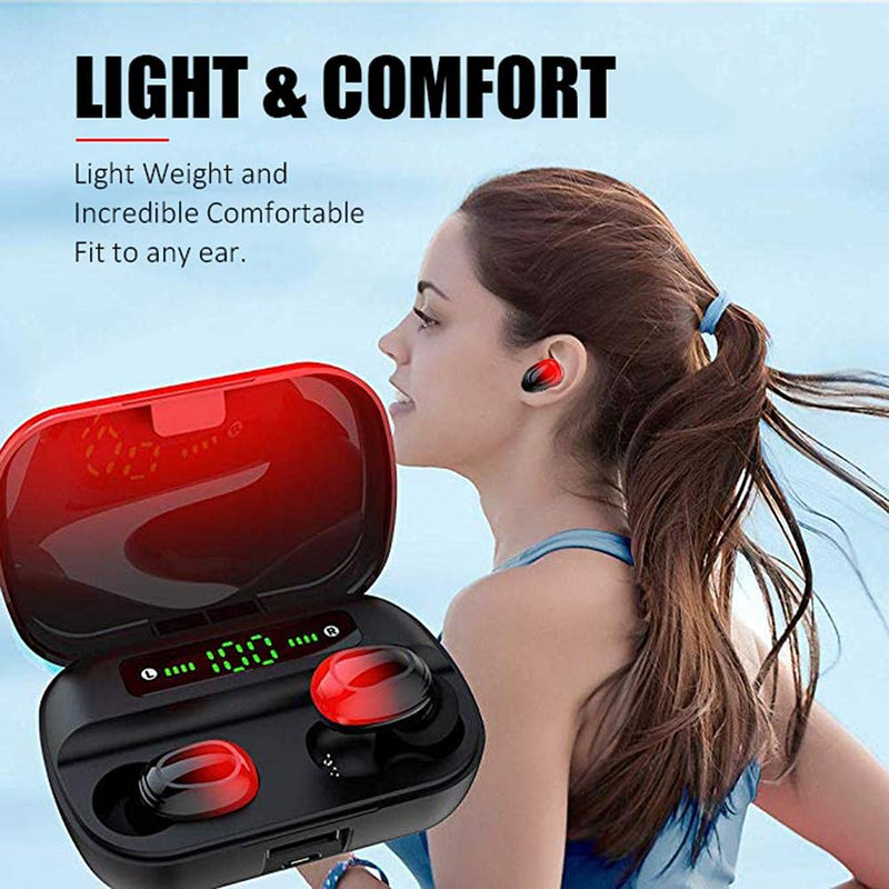 [Australia - AusPower] - HappyCannon True Wireless Earbuds,Bluetooth 5.0 Headphones, Deep Bass Hi-Fi Stereo Earphones, Sports in-Ear Headset 120 Hours Playtime, Touch Control,1500mAh Charging Case, LED Digital Display (Red) 