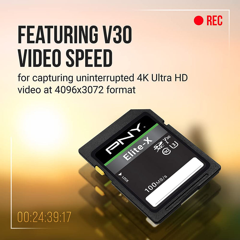 [Australia - AusPower] - PNY 256GB Elite-X Class 10 U3 V30 SDXC Flash Memory Card - 100MB/s, Class 10, U3, V30, 4K UHD, Full HD, UHS-I, Full Size SD 