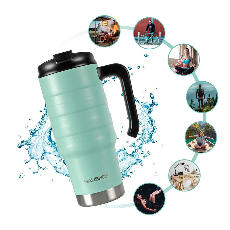 [Australia - AusPower] - HAUSHOF 24 oz Travel Mug, Stainless Double Wall Vacuum Insulated Tumbler with Handle & Spill Proof Twist On Flip Lid and Wide Mouth, BPA Free Seafoam Green 