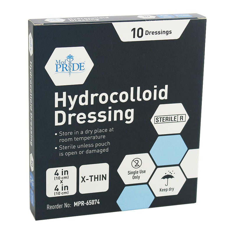 [Australia - AusPower] - Med PRIDE Hydrocolloid Wound Dressing Pads| 10-Pack, 4inch by 4inch Sterile Adhesive Patches| Individually Packed, Highly Absorbent, Water-Resistant & Comfortable| Stays On for Multiple Days 4'' x 4'' X-Thin 