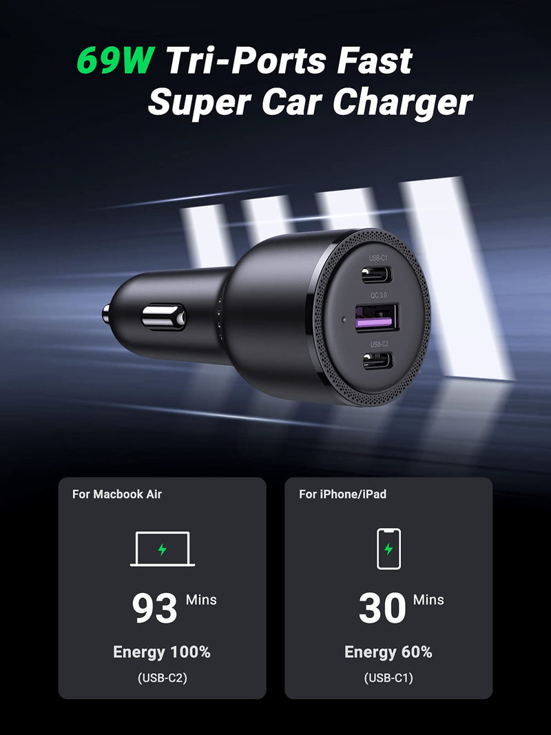 [Australia - AusPower] - UGREEN USB C Car Charger Fast Charging 69W - Type C Car Phone Charger PD 60W/20W, Car Charger Adapter SCP 22.5W QC 18W Comaptible with iPhone 13/12/11/iPad/MackBook, Pixel 5/4a, Galaxy S21/S20 