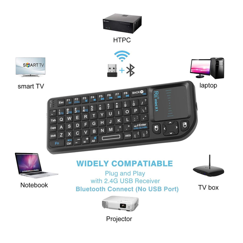 [Australia - AusPower] - Rii Mini Wireless Keyboard with Touchpad＆QWERTY Keyboard,Support Bluetooth ＆2.4G Connection,Built-in Laser Pointer, Backlit Portable Keyboard Wireless with Remote Control, X1-BT Black. 