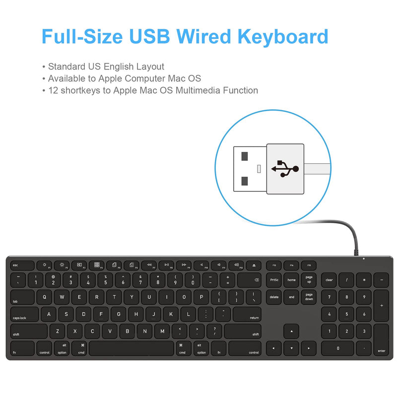 [Australia - AusPower] - Aluminum USB Wired Keyboard with Numeric Keypad for Mac Pro, Mini Mac, iMac, iMac Pro, MacBook Pro/Air, Laptop and PC Computer Black 