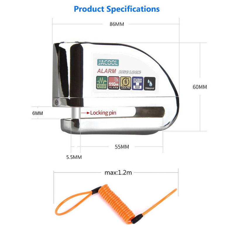 [Australia - AusPower] - JACOOL Disc Brake Lock Alarm Wheel Disc Lock Motorcycle Alarm with 110db Alarm Sound Security, Disc Brake Lock Anti-Theft Waterproof Security Lock with 5ft Reminder Cable for Bike Motorbike Scooter Silver 