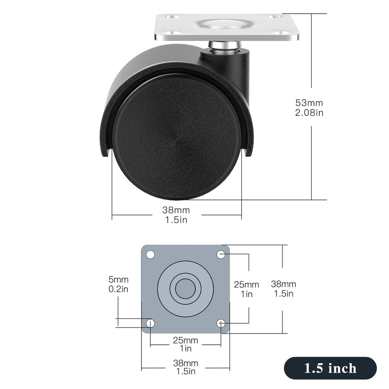 [Australia - AusPower] - 4-Piece Set of 1.5 inch Furniture casters, Replacement cart casters, Nylon Plastic Swivel Plate casters, Used for workbenches and Tables (Black) 
