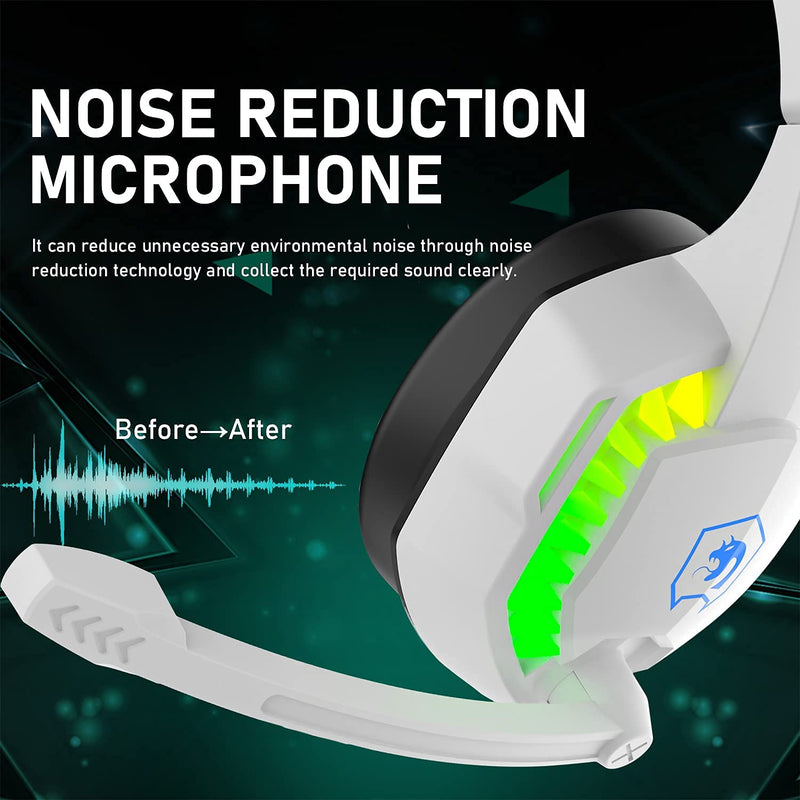 [Australia - AusPower] - Wired Gaming Headset with Rainbow RGB Backlight Retractable Noise Isolating Microphone Stereo Sound Deep Bass Memory Foam Earmuff Over Ear Headphone for PS4 Xbox One Switch PC Mac Gamer Music (White) White 