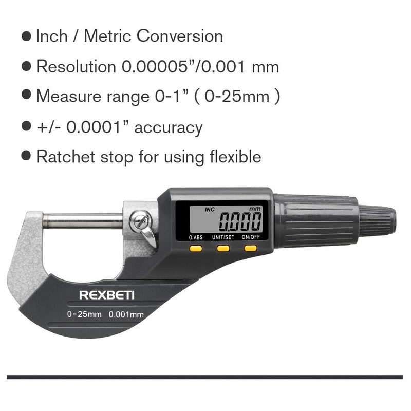 [Australia - AusPower] - Digital Micrometer, Professional Inch/Metric Thickness Measuring Tools 0.00005"/0.001 mm Resolution Thickness Gauge, Protective Case with Extra Battery 