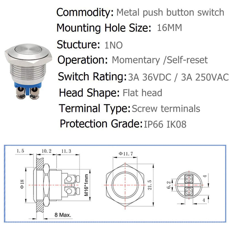 [Australia - AusPower] - Quentacy 9-Pack 16mm Momentary Push Button Switch 1NO SPST Stainless Steel Waterproof Switch 