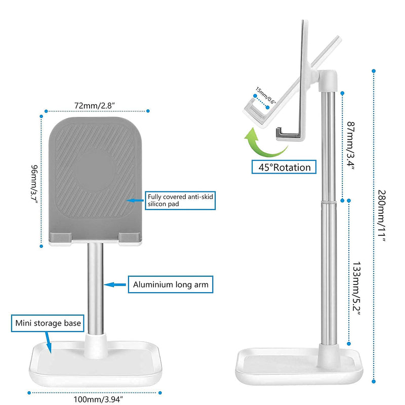 [Australia - AusPower] - Cell Phone Stand,Height Angle Adjustable Desk iPhone Tall Stand,Hearsky Thick Case Friendly Phone Stand,Smartphone Holder Stand with Storage Base,Compatible All Mobile Phones,Switch,iPad,Tablet-White Upright White 