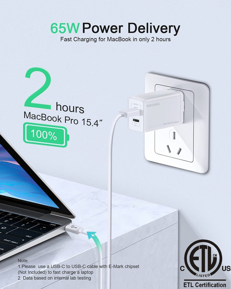 [Australia - AusPower] - USB C Charger, Seyas 65W Fast Charger Power Delivery 3.0 GaN Tech Wall Charger Foldable Power Adapter PD Charger for iPhone/MacBook/iPad/Airpods/Pixel/Galaxy/Switch and More, White 65W-White 