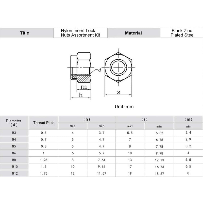 [Australia - AusPower] - Keadic 100 Pieces Metric Black Zinc Plated Nylon Insert Lock Nuts Assortment Kit for Matching Screws or Bolts - 7 Sizes：M3 M4 M5 M6 M8 M10 M12 