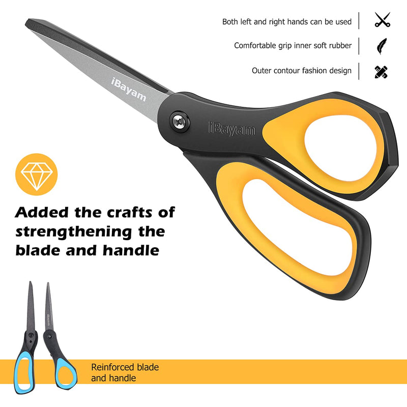 [Australia - AusPower] - Scissors, iBayam 3 Pack 8" All-Purpose Titanium Non-Stick Scissor, Comfort Grip Sharp Nonstick Scissors for Office School Home General Use Art Craft Classroom DIY Supplies Cutting Tape Adhesive Vinyl Blue, Red, Yellow 
