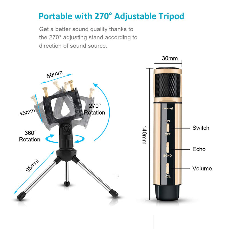 [Australia - AusPower] - Studio Recording Microphone, ZealSound Condenser Broadcast Microphone w/Stand Built-in Sound Card Echo Recording Karaoke Singing for Phone Computer PC Garageband Smule Live Stream & YouTube (Gold) Gold 