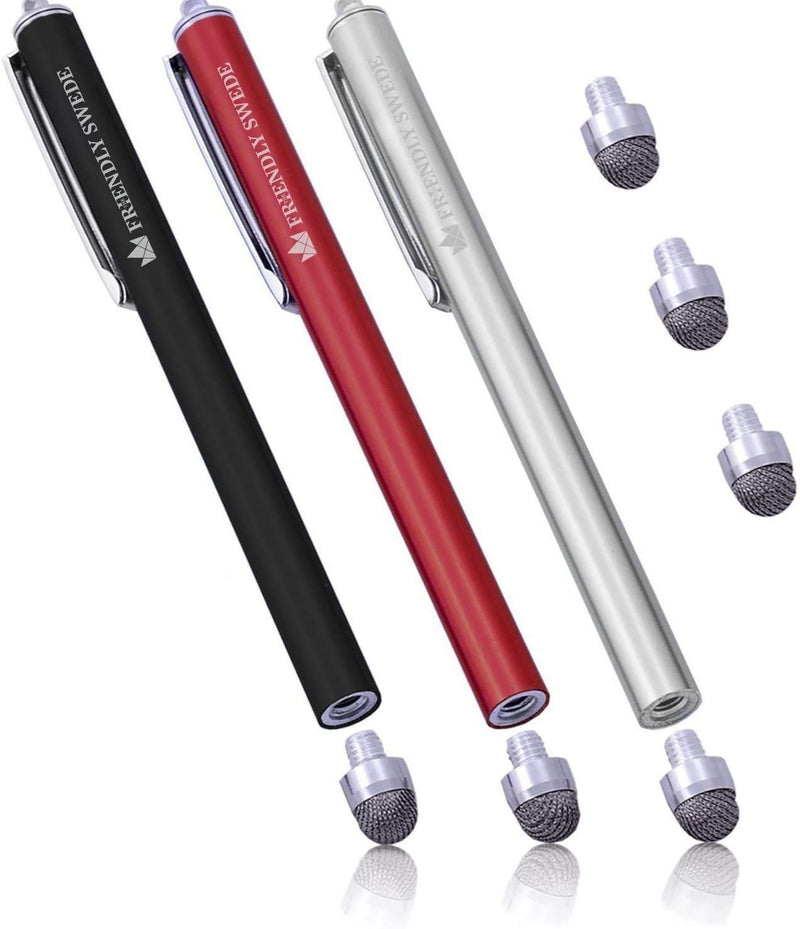 [Australia - AusPower] - The Friendly Swede Stylus Pens for Touch Screens - Micro-Knit Mesh Tip Capacitive Stylus Pen for Tablets and Phone, with Replaceable Fiber Tip Design (3 Pack) Red + Black + Silver 