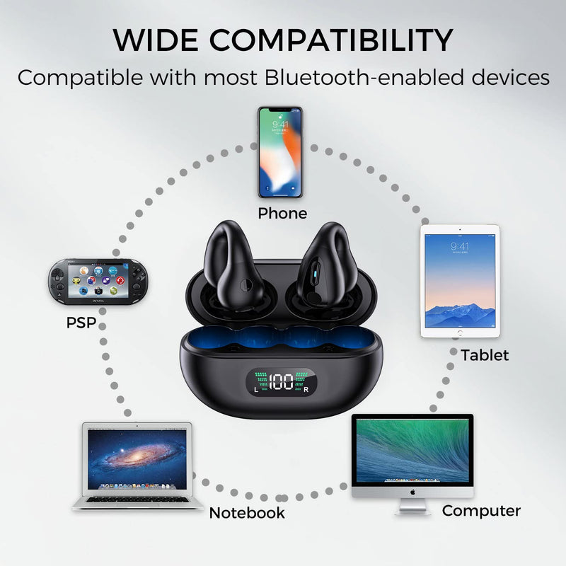 [Australia - AusPower] - Alpha Digital Wireless Ear Clip Bone Conduction Earbuds, Bluetooth 5.3, Up to 18 Hours Playtime, 350mAh Battery, Lightweight, Wireless Bluetooth Earbuds for Cycling, Sport, Running, Driving Black 