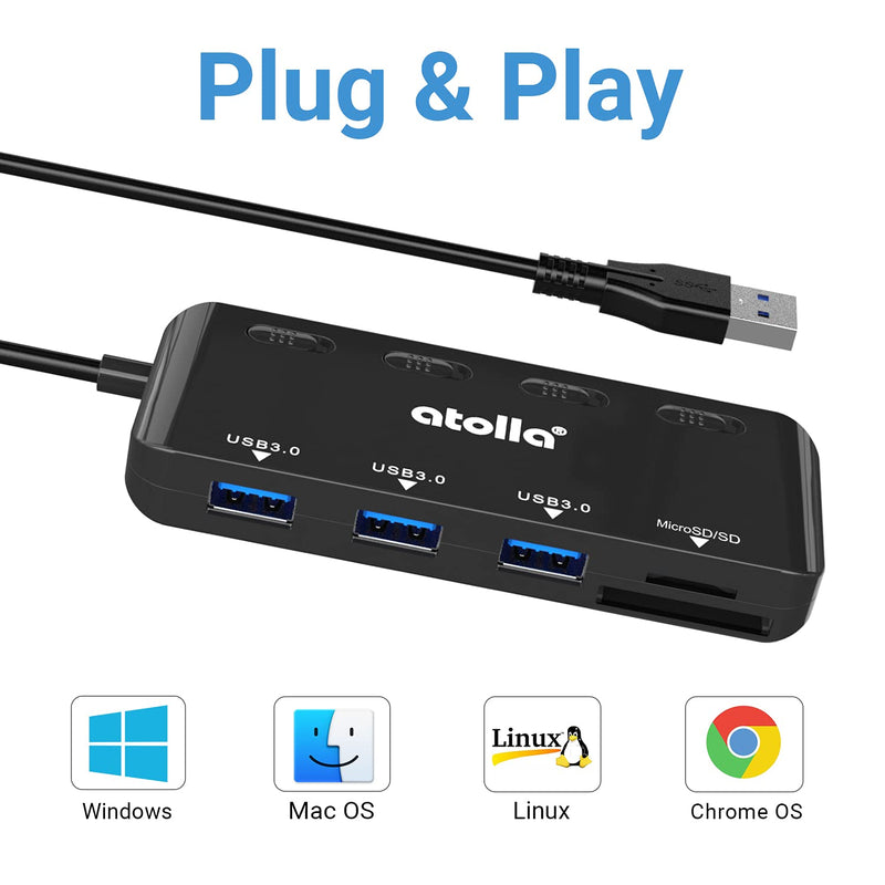 [Australia - AusPower] - SD Card Reader, atolla USB Hub with SD/Micro SD Card Reader, USB Splitter with 3 USB Ports, 2 Card Slots and Individual LED Power Switches Dark black 