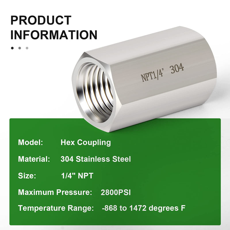 [Australia - AusPower] - TAISHER 2PCS Forging of 304 Stainless Steel Full Hex Coupling, 1/4-Inch Female Pipe x 1/4-Inch Female Pipe Fitting 2PCS 1/4" Style 1 
