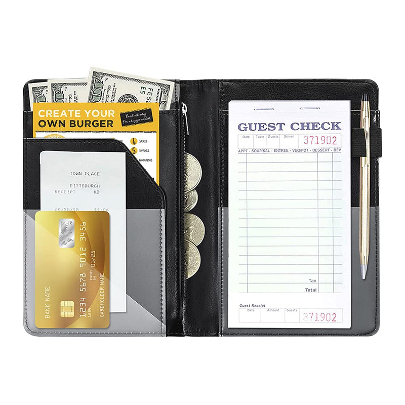 [Australia - AusPower] - Black Server Books For Waitress/Waiter Book with Zipper Money Pocket,Cute Waitress Books Organizer Accessories Fit Server Aprons Note Pads (Black) Black 