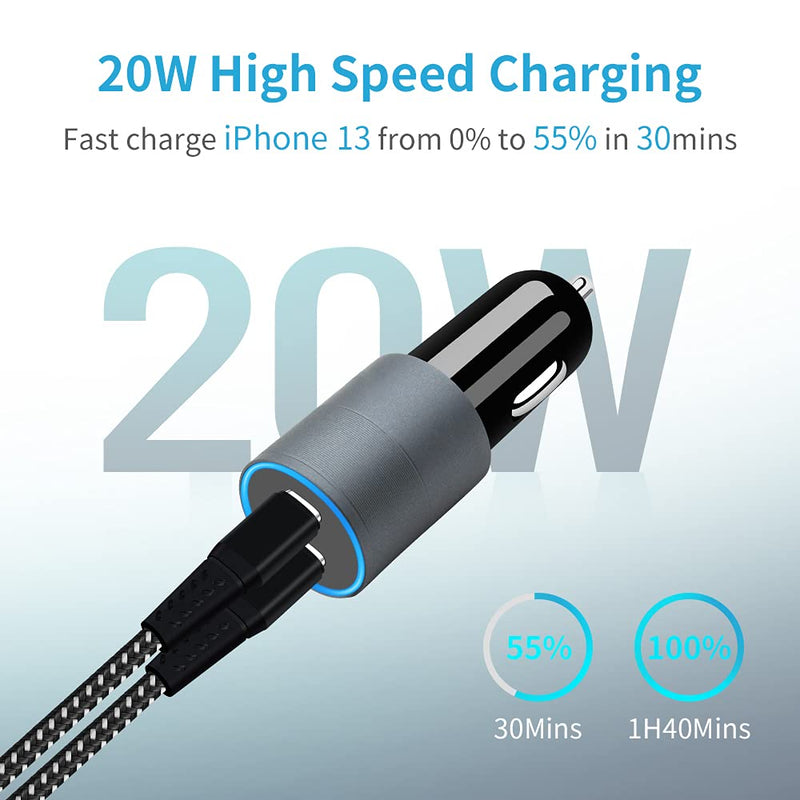 [Australia - AusPower] - COYZA Fast USB C Car Charger, 20W Dual PD Charging Port Cigarette Lighter Adapter with 2-Pack 3.3ft MFi Certified USB C to Lightning Nylon Braided Cable, Compatible with iPhone 13 Pro Max/12/11/X/8/SE Gray 