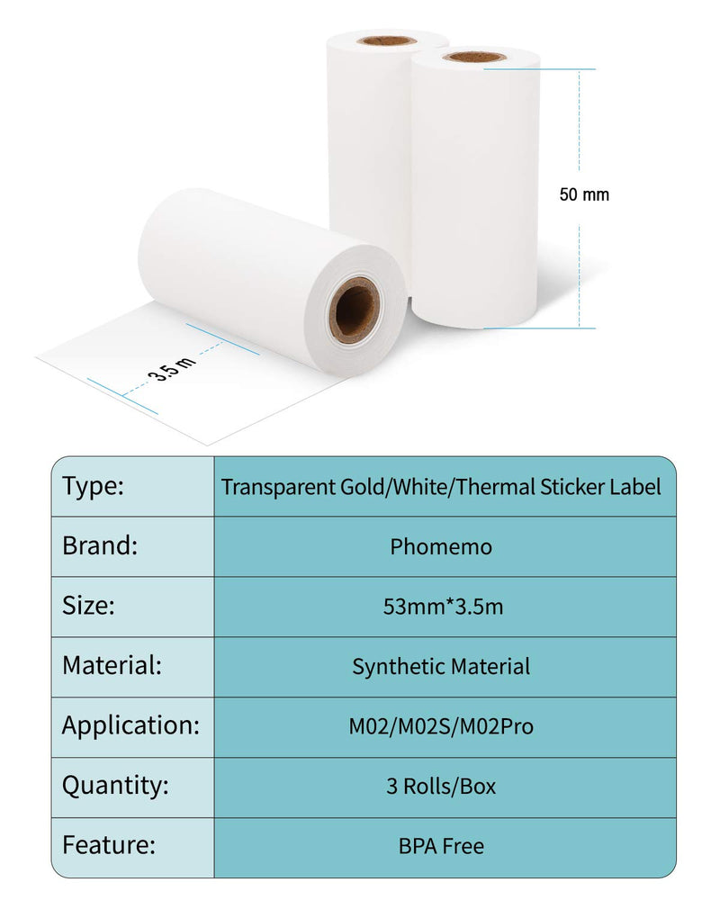 [Australia - AusPower] - Label Paper for Phomemo M02/M02 Pro/M02S/M03/M03AS/M04 Portable Bluetooth Thermal Printer, White/Transparent/Semi-Transparent Thermal Printer, 53mm Width, 2.5m-3.5m Length White, Transparent, Semi-transparent 
