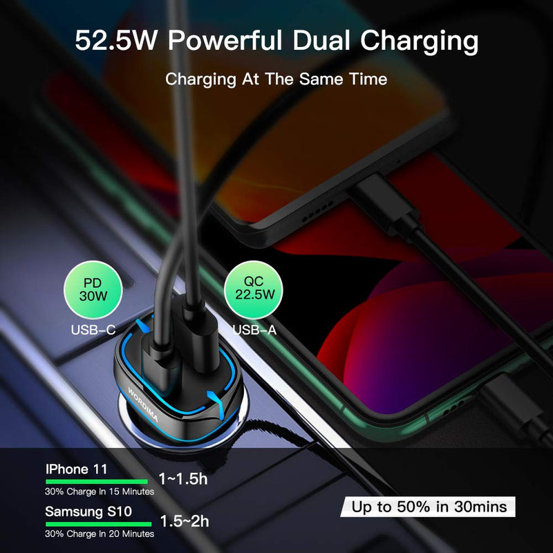 [Australia - AusPower] - USB C Car Charger,WORDIMA 52.5W 2 Port Fast Car Charger PD20W/PD30W/ PPS30 & QC3.0 18W/SCP22.5W Car Adapter, Compatible with iPhone 12,11, iPad Pro and More (Black) 