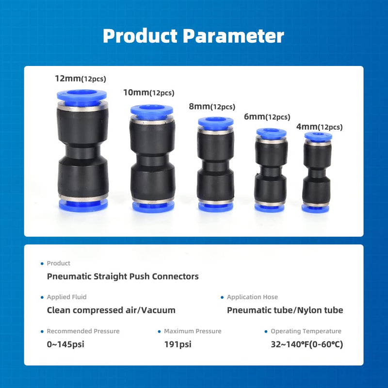 [Australia - AusPower] - CGELE 60Pcs Quick Connect Air Hose Fittings 4/6/8/10/12 mm Quick Release Pneumatic Push to Connect Fittings Kit Air Line Fittings for 5/32 1/4 5/16 3/8 1/2 inch Tube PU Kit(MM) 