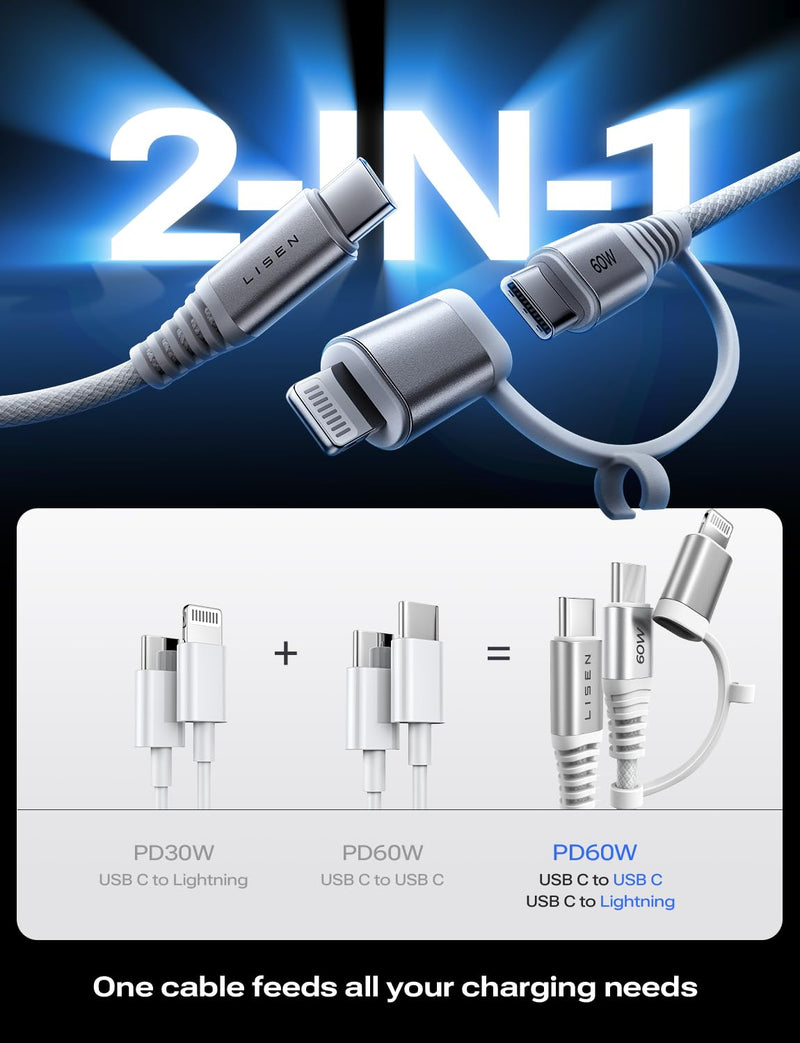 [Australia - AusPower] - LISEN 2-in-1 USB C Cable Lightning Cable PD60W [2Pack/6ft] Multiple Charging Cord with Type-C/Lightning Connectors Durable 48-Strand Braid Fast Charging for iPhone 14 Pro Max Plus 13/12 iPad Samsung 6.6ft White 