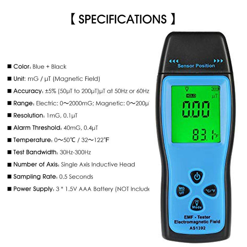 [Australia - AusPower] - EMF Meter,Handheld Electromagnetic Field Tester, Radiation Meter, 0?2000mG/0?200?T, 0.1?T Resolution, 30Hz?300Hz, for Home Appliances, Power Lines and Industrial Equipments 