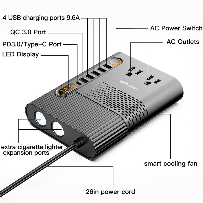 [Australia - AusPower] - 300W Power Inverter for Car, DC 12V to AC 110V Car Power Converter, Dual AC Outlets, Five USB Charging Ports and One PD3.0 Port, Type C Fast Car Charger Adapter 