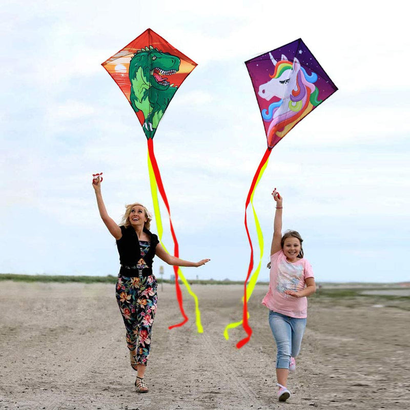 [Australia - AusPower] - Diamond Kite [2 Pack]Dinasour+Unicorn Eddy Kite, beginners Kite for Children, Wonderful Beginner Kite for 3 years up, 60x70cm with 2x300cm long tails, Kite handle, 60m String and swivel incloud 